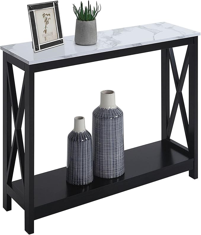 Convenience Concepts Oxford Console Table 39.5" - Sofa Table with Storage Shelf, Transitional Entryway Hall Table for Living Room and Bedroom, Display Foyer Table, White Faux Marble/Black-NeatNest