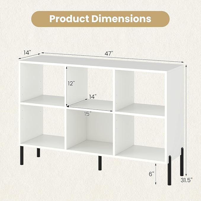 6 Cube Bookcase, Wood Storage Organizer with 5 Metal Legs, Bookshelf with Storage, Cubical Storage Shelf, Wooden Book Shelf, Display Shelves for Bedroom, Living Room, Entryway (White)
