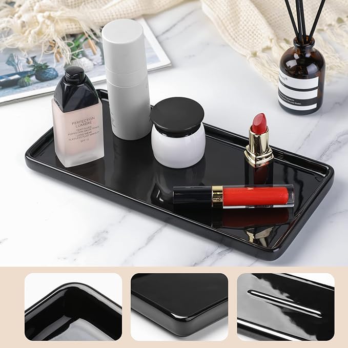 Gurygo 10" Bathroom Tray, Ceramic Vanity Tray for Bathroom, Small Ceramic Trays, Kitchen Soap Trays for Kitchen Counter (Black, 10",Set/1)-NeatNest