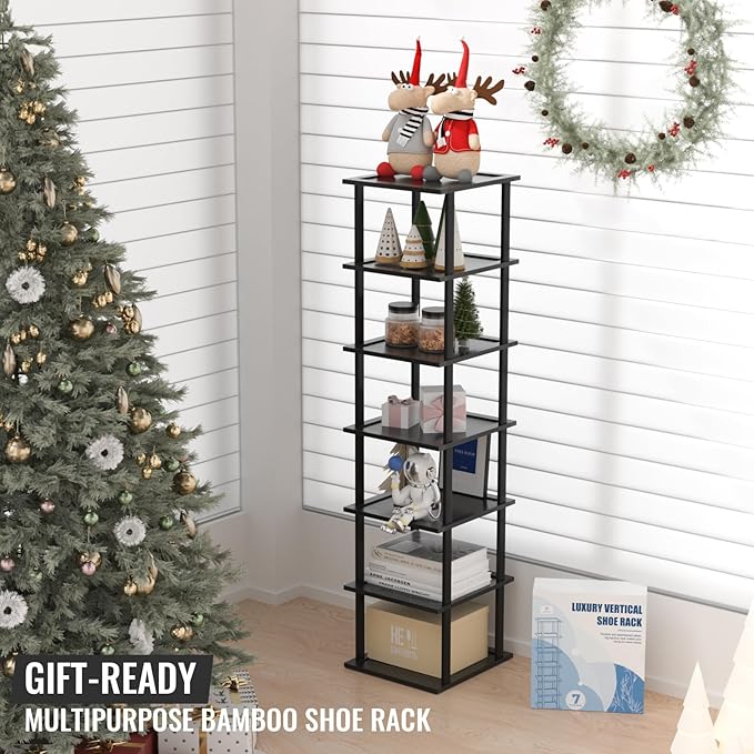 Bamboo Free Standing Shoe Rack Shelf Multi Tier Tall Wooden Stackable Shoes Rack Organizer for Closet Front Door Entrance Narrow Vertical Shoe Storage Rack for Corner Stand (Black, 7 Tiers)-NeatNest