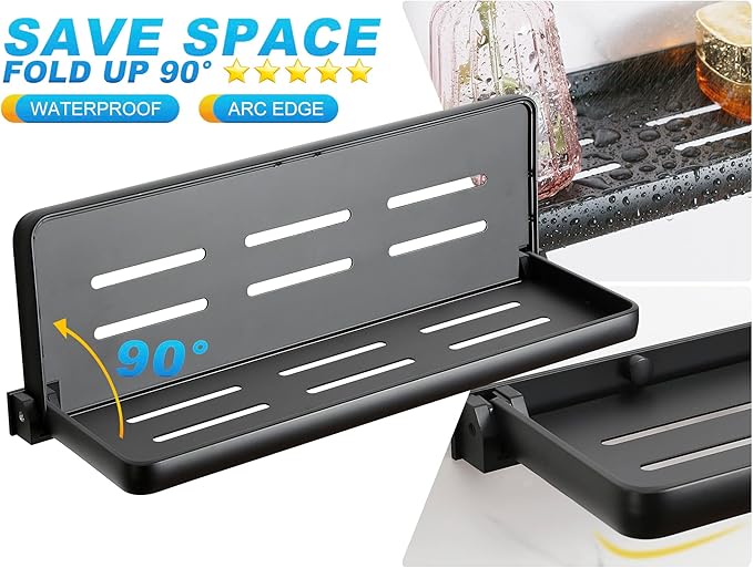 Folding Wall Shelf for Bathroom | 2-Tier Folding Metal Shelves | 90° Fold Up | Wall Mounted Drop Down Floating Shelf for Rv, Laundry Room, Toilet Room, Waterproof(2-Pack, Black)