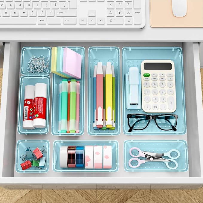 12-Piece Drawer Organizer Set, 4 Sizes Versatile Plastic Vanity Organizer for Makeup, Stationery, Gadgets, in Kitchen, Bathroom, Office, and Bedroom, Sea Blue-NeatNest
