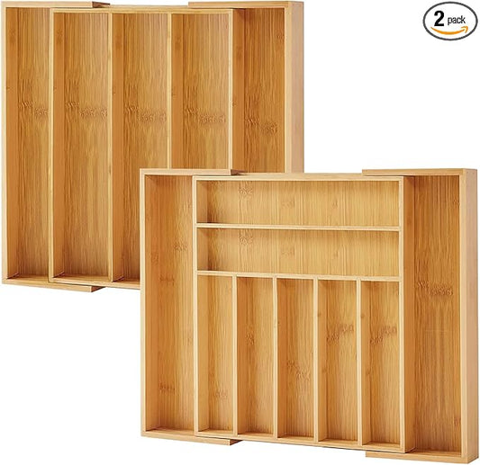 Bamboo Drawer Organizer, 2 Pack - Expandable Silverware Organizer & Utensil Drawer Organizer, Cutlery Tray with Dividers, 7-9 Slots - Premium Kitchen Organizer for Utensils & Flatware (Natural)-NeatNest