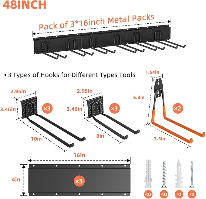 Garage Storage, Ultimate Wall-Mounted Garage Organizer for Men 48Inch, Heavy Duty 440lbs Tool Rack with Adjustable Metal Hooks Yard, Shed & Workshop Storage for Tools, Bikes, Snowboards Gift
