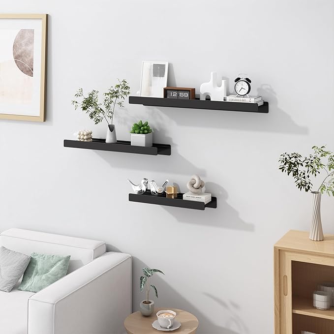 Floating Shelves for Wall, Wall Mounted Shelves with Lip for Storage, Metal Display Shelves for Home Decor, Kitchen/Living Room/Bedroom/Bathroom Shelf, Black 12 inch 2 Pack-NeatNest
