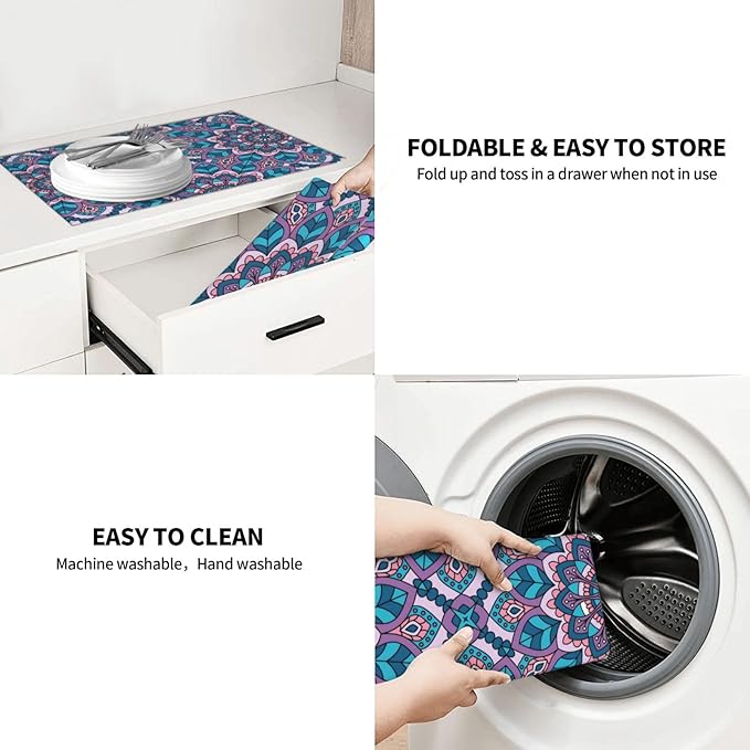 Boho Blue Purple Floral Pattern Dish Drying Mat 18x24 For Kitchen Counter Absorbent Microfiber Dishes Pad Dish Drainer Rack Mats Fast Dry Kitchen Accessories-NeatNest