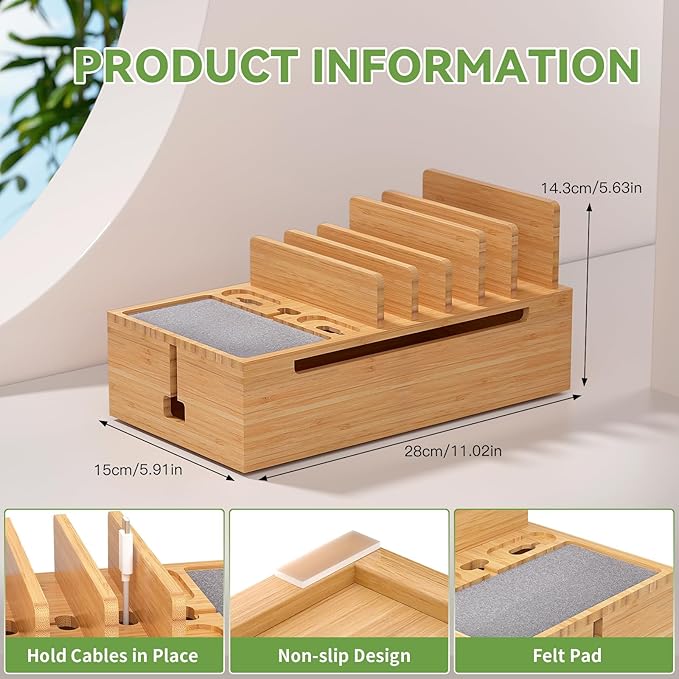 Pezin & Hulin Bamboo Charging Stand Rack, Wooden Charge Box for Mobile Phones, Tablets, Smart Watch and Earbuds, Wire Cable Organizer Box, Bedside Dock Stand Holder (NO Power Adapter Supply) -Natural