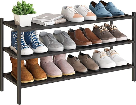 BMOSU 3-Tier Bamboo Extended Shoe Rack Premium Stackable Shoe Shelf Storage Organizer for Hallway Closet Living Room Entryway Organizer(Black)-NeatNest