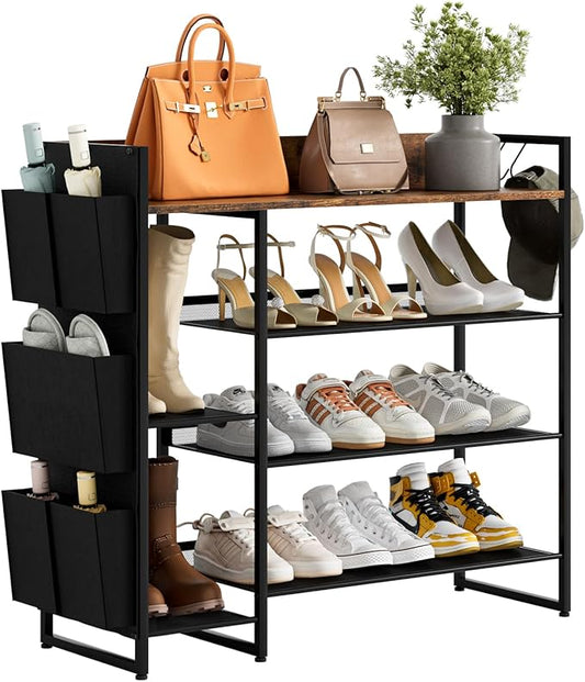 Shoe Racks Bench,Shoe Organizer with Bench for Closet- Free Standing Boot and Shoe Rack with Storage Bag for High Heels, Entryway, Hallways, Closets, Dormitory Rooms,Brown 4-Tier-NeatNest