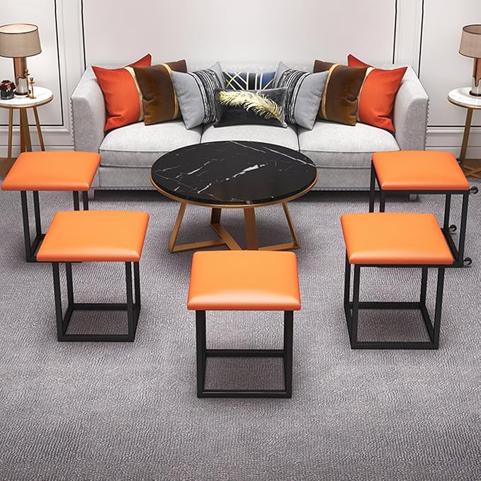 Small Square Pouf Foot Stool Ottoman 5 in 1 Nesting Poufs Cube Chair Stackable Sofa Chair Foot Rest Cube Seating Poufs Upholstered Metal Frame Foot Rest Bench for Couch, Dining Room, Bedroom