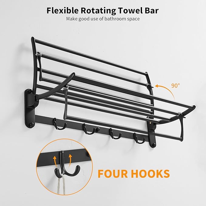 BESy 24 Inch Matte Black Towel Racks, Bathroom Towel Shelf with Foldable Towel Bar Holder and Towel Hooks, Wall Mounted Multifunctional Bathroom Accessories, Double Towel Bars-NeatNest