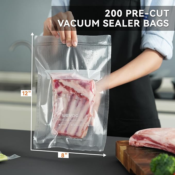 8" x 12" Precut Vacuum Sealer Bags, 200 Count, Includes 5 Liquid Block Bags & 5 Bone Guard Pieces, Heavy Duty for Food Storage, Sous Vide & Meal Prep, Wevac-NeatNest
