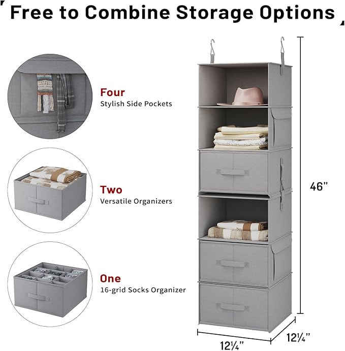 Vailando 6-Tier Hanging Shelves for Closet, Two 3-Shelf Hanging Closet Organizer w/ 4 Side Pockets and 3 Drawers, Combinable for Dorm Wardrobe Organizer and RV Storage and Organization-NeatNest