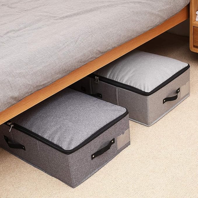 AMJ Foldable Under Bed Storage Basket Container [2 Pack] with Durable Fabric for Clothes, Shoes,Toys, Blanket, Comforter Organizers Bins, Black Grey-NeatNest