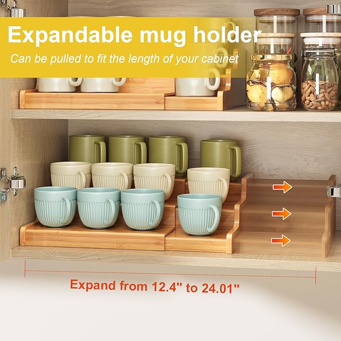 3-Tier Expandable Bamboo Mug Holder For Countertop Coffee Cup Holder Display Mug Organizer Mug Rack for Coffee Bar Organizer Mug Shelf for Cabinet for Kitchen, Home-NeatNest