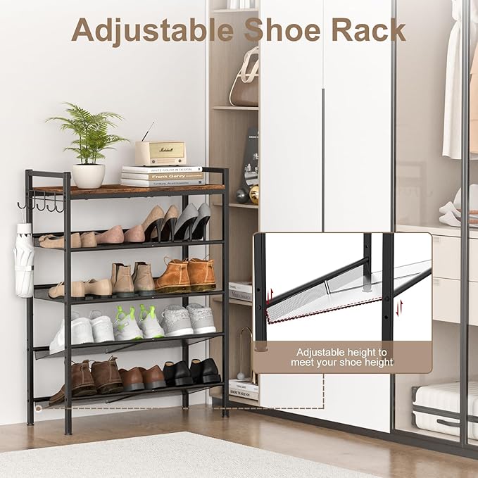 Refrze Shoe Rack for Front Door Entrance, 4 Tier Height-Adjustable Metal Shoe Rack, Sturdy Wooden Top and Tiltable Steel Frame Heavy Duty Shoe Organizer for Bathroom,Bedroom,Kitchen，Include Hook-NeatNest