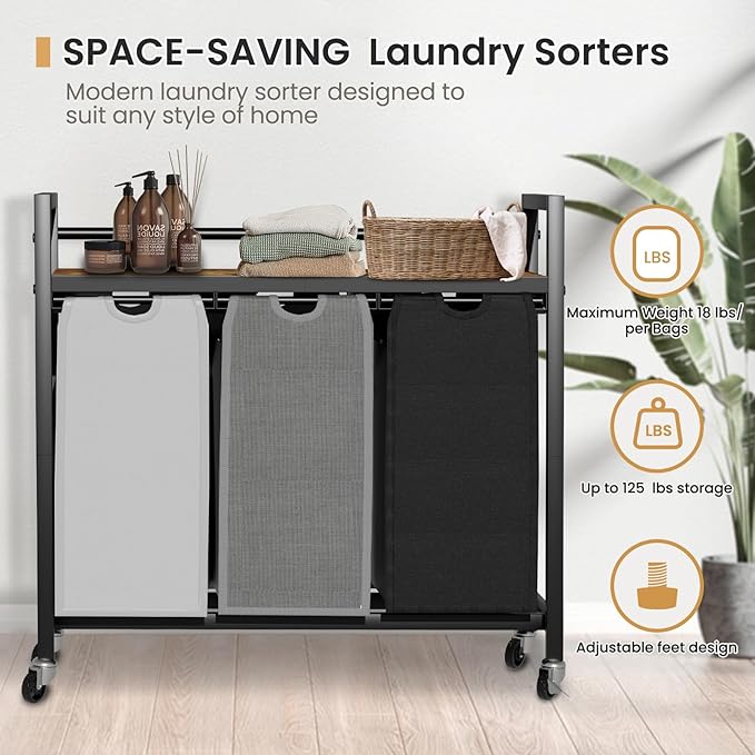 Laundry Hamper, Laundry Basket, Laundry Sorter with 3 Removable Bags, Clothes Basket with 3 Compartments, Wheels, Shelf for Laundry Room Bathroom Bedroom (3 Bags-Black Grey White)-NeatNest