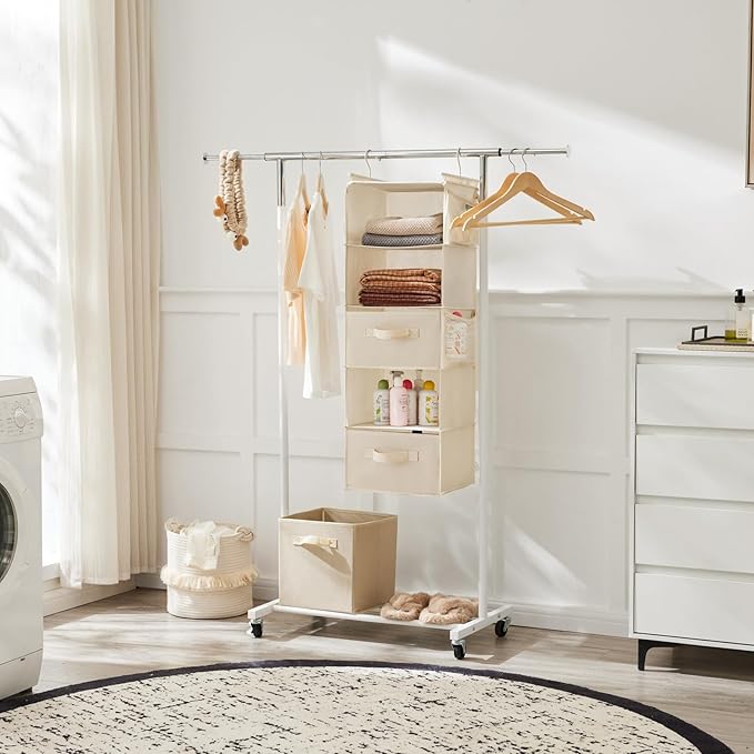 MAX Houser 5 Tier Shelf Hanging Closet Organizer, Cloth Hanging Shelf with 2 Sturdy Hooks for Storage, Foldable (Beige-D2)-NeatNest