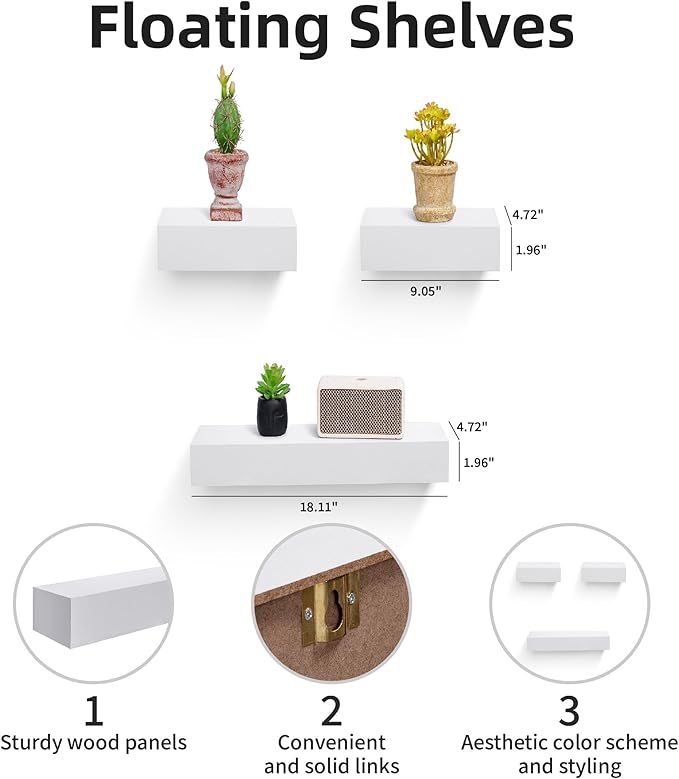 Floating Wall Shelves Set of 3 – MDF Wood Wall Mounted Shelf for Living Room, Bedroom, Bathroom, Office – Decorative Storage Racks for Plants, Photos, Books (White, Medium Set)
