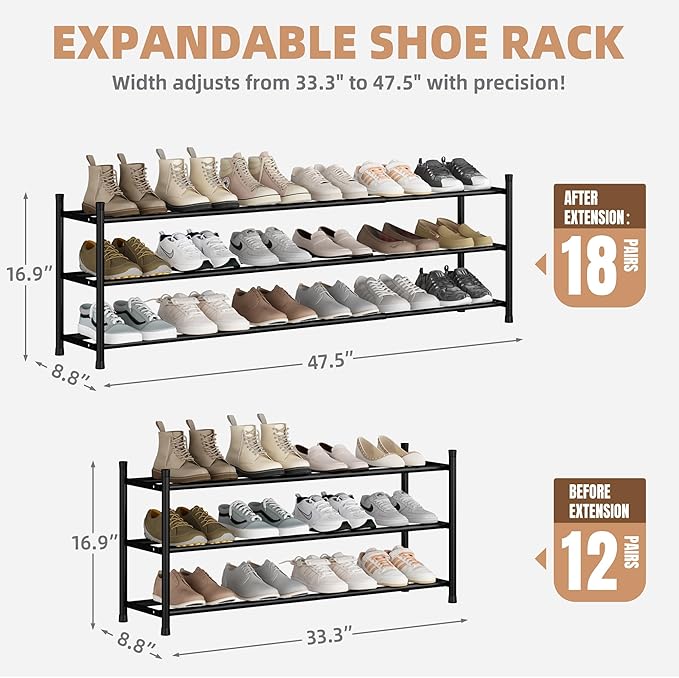 STORAGE MANIAC Long Expandable Shoe Rack, 18 Pairs Metal Wide Stackable Shoe Rack, Adjustable Shoes Shelf, Freestanding Shoes Organizer for Closet, Entryway, Hallway, Garage, Front Door, 3 Tiers-NeatNest