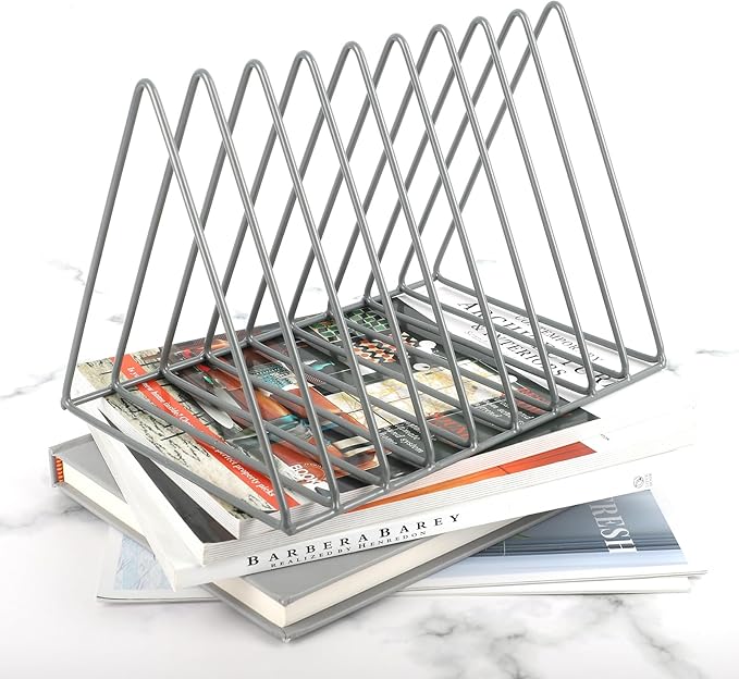 EASEPRES Vinyl Record Holder Storage, 9 Slot Metal Magazine Book Album Display Rack, Stylish Triangle Desktop File Sorter Organizer for Home Office, Grey Pack of 2