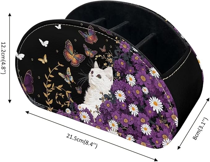 Cute White Cat Butterfly Print TV Remote Control Organizer PU Leather Desktop Storage Box,Table Caddy,Desktop Storage for Media Players/Controllers/Eyeglasses/Makeup Brushes/Pens-NeatNest
