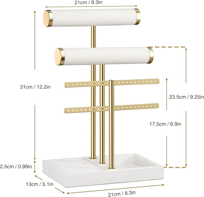 3 Tier Bracelet Holder Display - Detachable T Bar White Velvet Bracelet Holder, Jewelry Holder Organizer for Bracelet, Necklace, Earrings, Rings