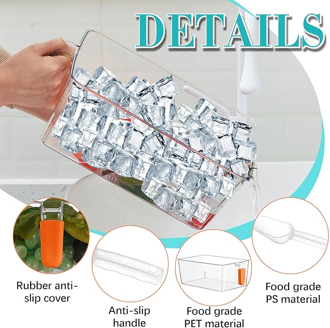 Havawish 2 Set Ice Bin and Flexible Scoop Set Plastic Freezer Ice Bin with Pull out Handle Clear Storage Bucket for Container with Bucket Scoop(Orange,10.83 x 7 x 4.33 in)