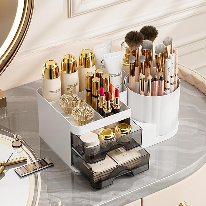 Makeup Organizer for Vanity with 2 Drawers,Countertop Rotating Makeup Brush Holder,Bathroom Organizer Holder,Cosmetic Display Case for Lipstick,Beauty,Skincare Organizer (White)-NeatNest