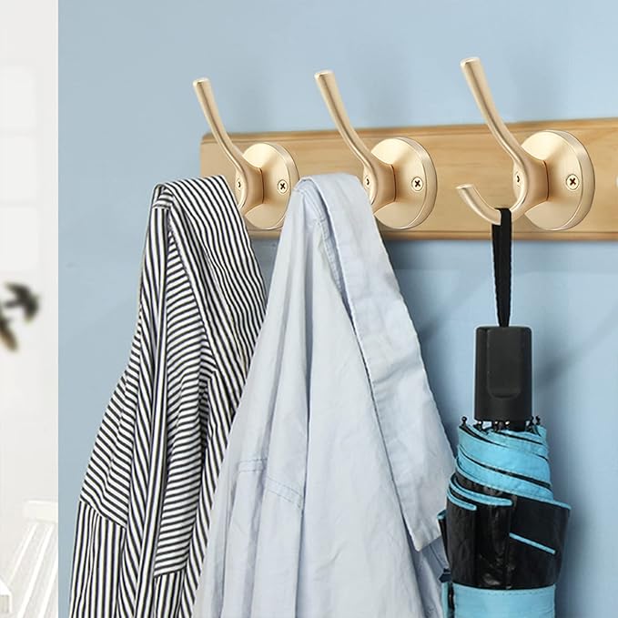 Gold Hat and Coat Hooks, 4 Pack Heavy Duty Coat Robe Hook, Metal Double Backpack Hook Wall Mounted, Towel Hooks for Bathroom Entryway Cubicle Closet Garage