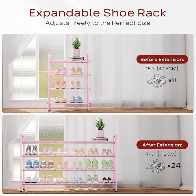 Bumusty 4-Tier Long Expandable Shoe Rack for Closet, 18"-44" Adjustable Shoe Rack for Entryway, 20-24Pairs Large Shoe Organizer Shelf Storage, Sturdy Metal, Black-NeatNest
