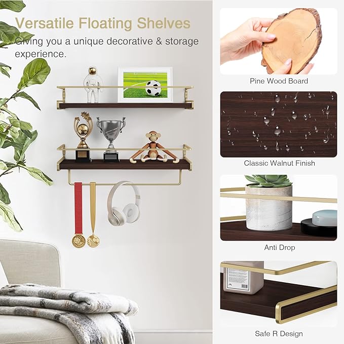 Floating Shelves Bathroom Shelves Over Toilet Set of 2, Bathroom Wall Shelves with Towel Bar, Wall Mounted Vanity Shelf for Bedroom, Kids Room, Kitchen (Brown & Gold)-NeatNest