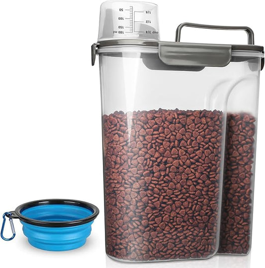 Dog Food Storage Container, 5-7 Lbs Airtight Pet Food Container, Cat Food Container Dispenser Plastic Bin with Pouring Spout, Portable Handle and a Collapsible bowl for Dogs Cats Grey/6Qt-NeatNest