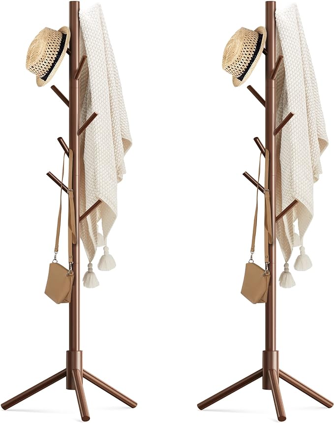 Haddockway Wooden Coat Rack Stand with 8 Hooks New Zealand Pine 3 Adjustable Coat Standing Tree Easy Assembly for Coats, Hats, Scarves and Handbags for Entryway, Hallway, Bedroom, Office,2 PCS-NeatNest