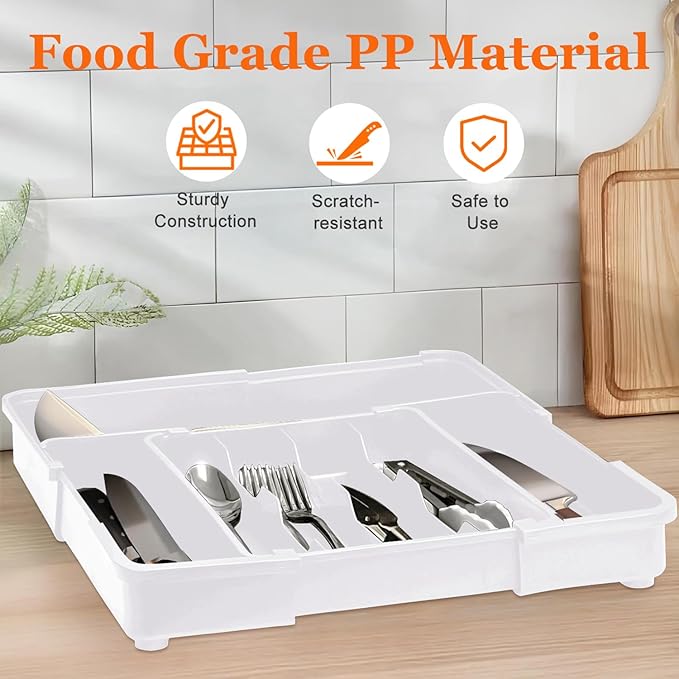 Adjustable Kitchen Utensil Organizer Plastic Silverware Drawer Organizer, Expandable Cutlery Drawer Organizer BPA Free Flatware Tray for Spoons Forks Knives Organizers Divider, White-NeatNest