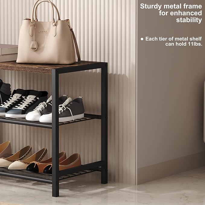 HOMEFORT 3-Tier Shoe Rack, Shoe Storage Shelf, Industrial Shoe Tower, Narrow Shoe Organizer for Closet Entryway, Small Shoe Rack Table with Durable Metal Shelves, Rustic Brown-NeatNest