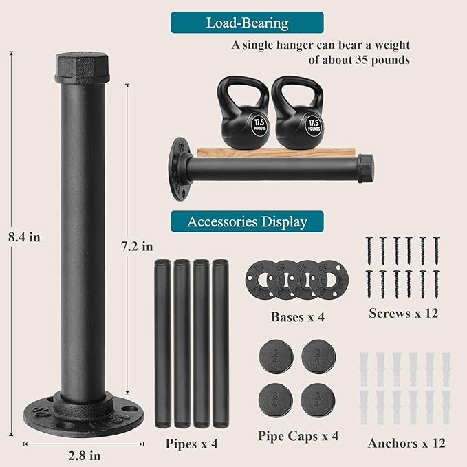 Cast Iron Wall Mounted Clothes Rack, Heavy Duty Industrial Pipe Clothing Rack for Hanging Clothes, Garment Racks for Wardrobe Organizers and Storage, DIY Closet Rods Closet Bar (Black 4 Pack, 8 in)-NeatNest