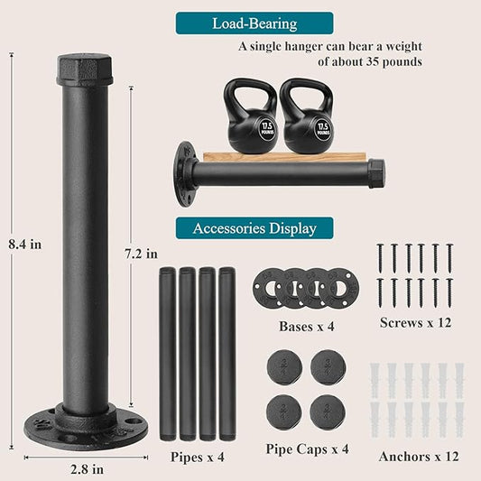 Cast Iron Wall Mounted Clothes Rack, Heavy Duty Industrial Pipe Clothing Rack for Hanging Clothes, Garment Racks for Wardrobe Organizers and Storage, DIY Closet Rods Closet Bar (Black 4 Pack, 8 in)-NeatNest