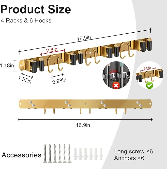 Mop Broom Holder Wall Mount, 2 Packs Gold Stainless Steel Tool Storage Organizer for Kitchen Garden Garage Laundry Room Bathroom and RV with 4 Slots 6 Hooks-NeatNest
