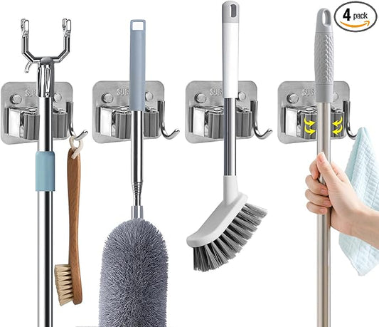 Broom Holder Wall Mount with Screws (4 Pack) Broom and Mop Organizer Wall Hanging, Anti-Slip Mop Holder Broom Hanger with Hooks, Stainless Steel Tool Rack for Garden Garage Organization-NeatNest