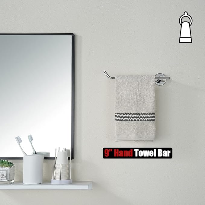 JQK Chrome Hand Towel Bar, Stainless Steel Towel Ring for Bathroom, 9 Inch Necklace Holder Matte Black Wall Mount Left Hand, TR101-CH