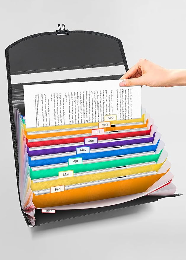 Accordion File Organizer,Portable Expanding File Folder with Handle,12 Pockets Accordion File Box,Visible Window for Quick Lookup,Colored Tabs,A4/Letter Size Documents Paper Bill Filing Organizer