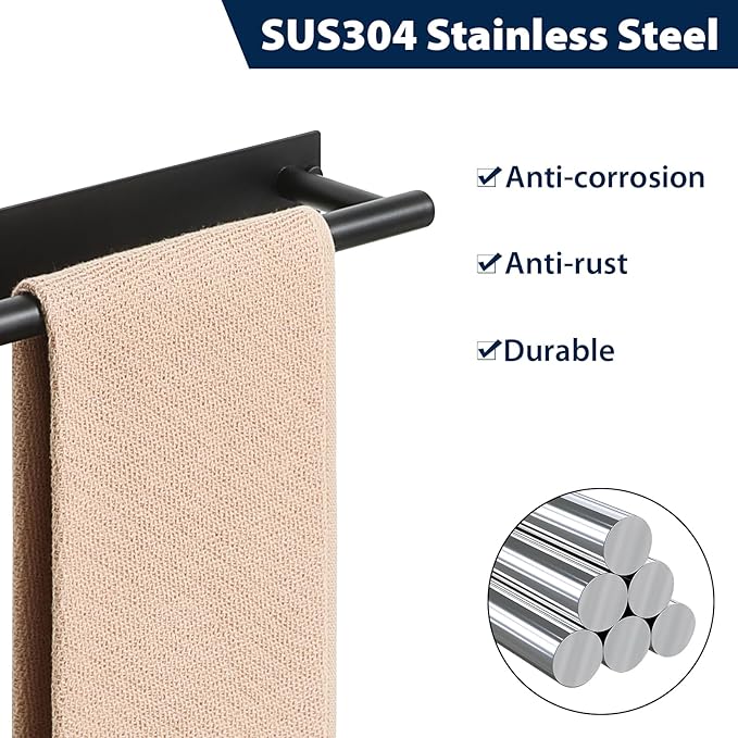 Alise Bath Towel Bars, 12 Inch Towel Hanger Towel Racks for Bathroom, SUS304 Stainless Steel Hand Towel Holder, Wall Mount with Self-Adhesive or Drilling, Matte Black