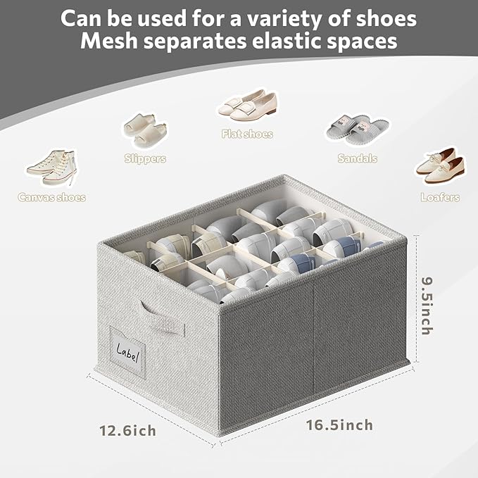 2 Pack Shoe Organizer for Closet,Fits up to 24 Pairs,Fabric Shoe Storage Bins,Large Shoe Box Storage Containers with Bottom Support for Shoes (Gray, (16.5 * 12.6 * 9.5) x1)-NeatNest