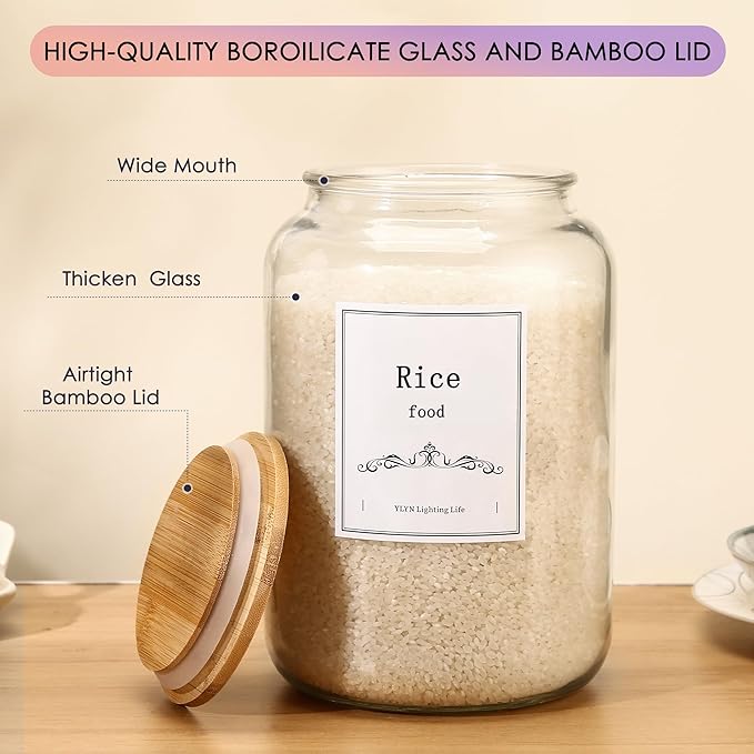 108oz Large Glass Jar With Lid- Glass Jars Kitchen Canisters With Airtight Bamboo Lids- Food Storage Containers For Flour Sugar Cereal, Egg, Cookie-2 Pack