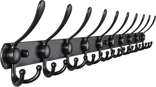 Dseap Coat Rack Wall Mount - 38” Long 10-Tri-Hooks Heavy Duty Coat Hanger Rail Wall Hooks for Hanging Coats Hats Clothing Clothes Purse Mudroom Entryway, Black-NeatNest
