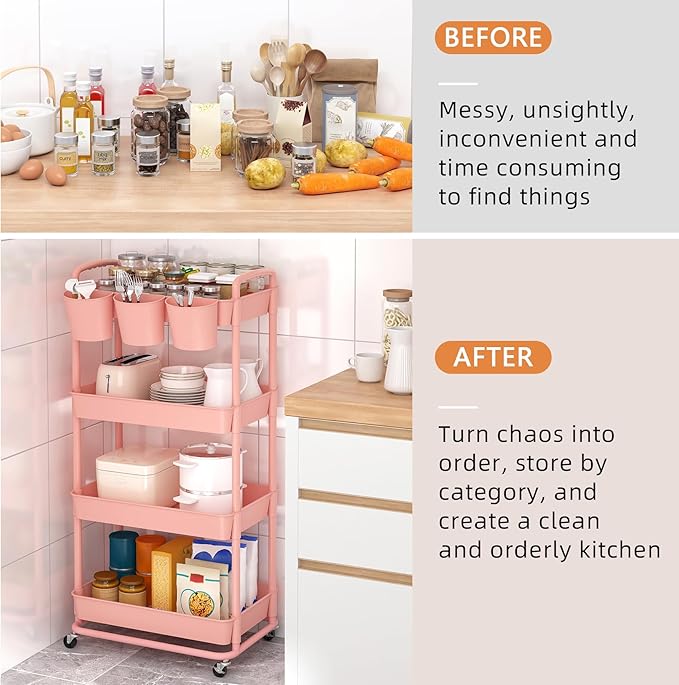 JIUYOTREE 4-Tier Plastic Rolling Storage Cart Utility Cart with Extra Hanging Cups Handles Lockable Wheels for Living Room Bathroom Kitchen Office Pink-NeatNest