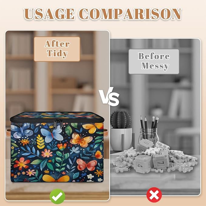 Colorful Butterfly Storage Bins with Zipper Lid, Spring Floral Lidded Storage Baskets Boxes Foldable Organizer with Leather Handles for Clothes Closet Shelf Toys-NeatNest
