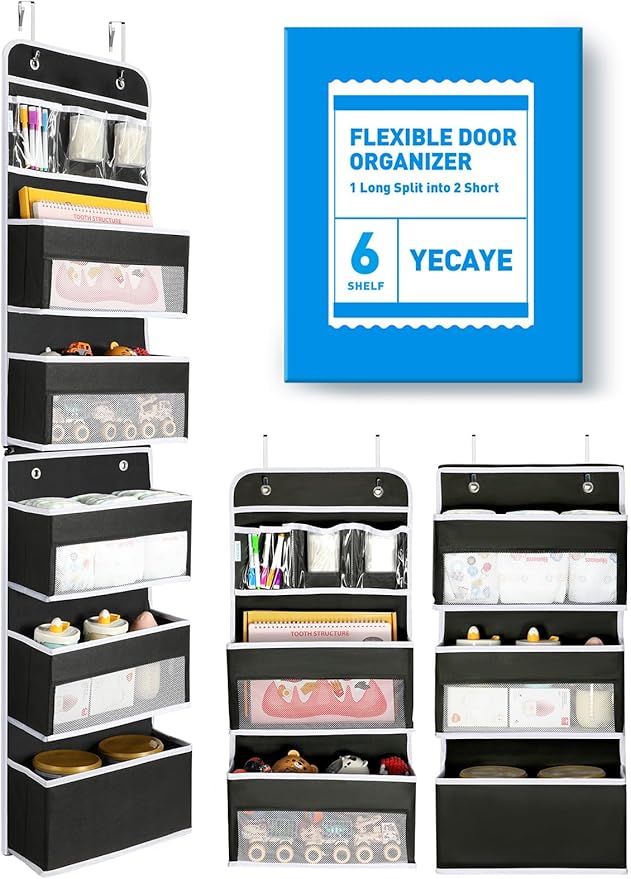 Yecaye 6-Tier Over The Door Storage Organizer, Flexible 1 Split into 2 Swing-Proof Hanging Bathroom Organizer, Bedroom Organizers and Storage for Newborn Baby Essentials, Black-NeatNest