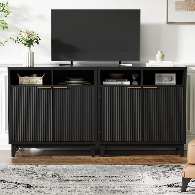 Buffet Cabinet with Storage - Elegant Fluted Storage Cabinet with Adjustable Shelves and Solid Wood Leg, Modern Buffet Sideboard for Living Room, Dining Room, Entryway-NeatNest